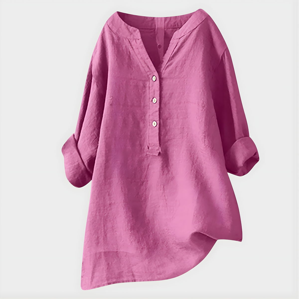 Blouse ample rose fuchsia à col en V et boutonnière, manches bouffantes 3/4