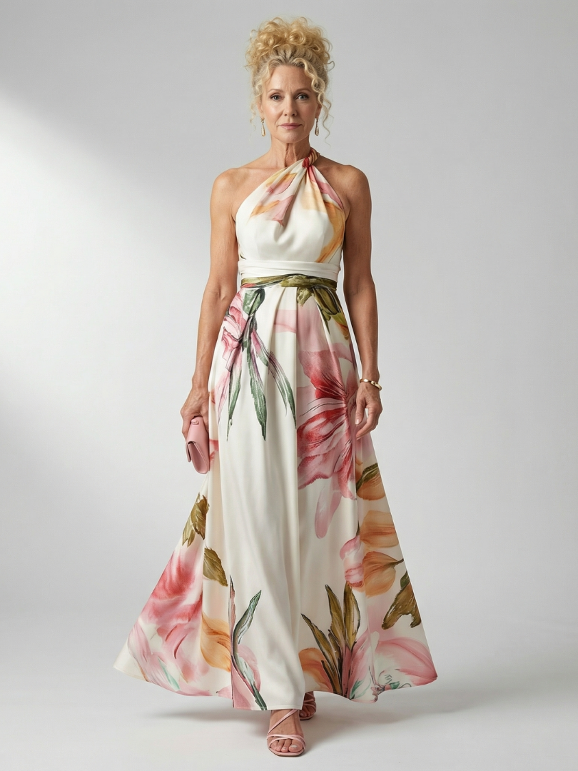 Robe longue fleurie à col halter, ceinture nouée, motifs roses sur fond clair.