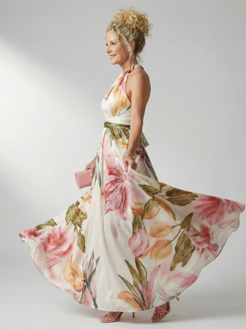 Robe longue fluide à imprimé floral rose, ceinture nouée à la taille