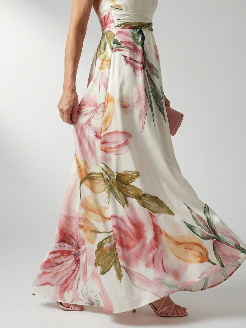 Robe longue imprimé floral rose et vert, ceinture nouée, coupe évasée
