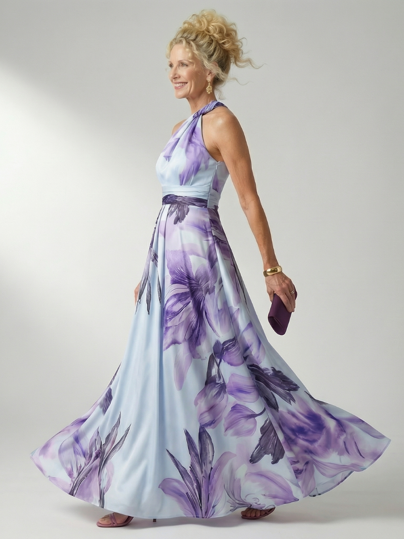 Robe longue violette à imprimé floral, encolure asymétrique et ceinture nouée
