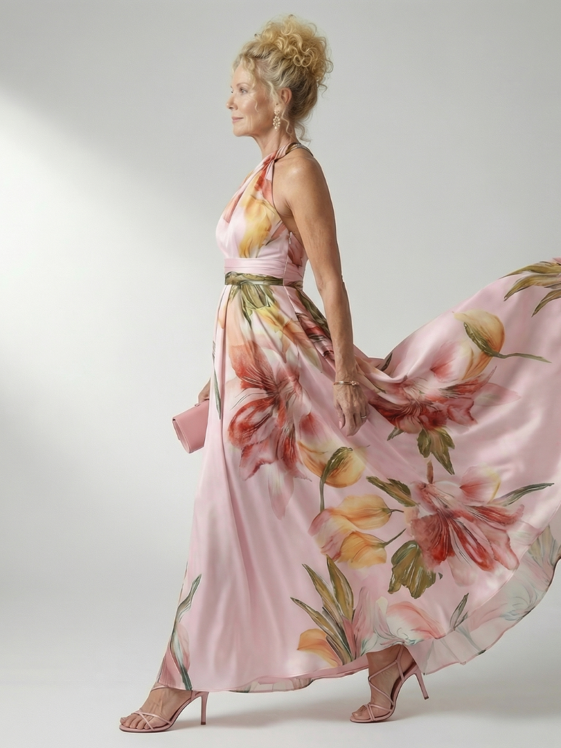 Robe longue rose satin à imprimé floral, ceinture nouée et jupe ample