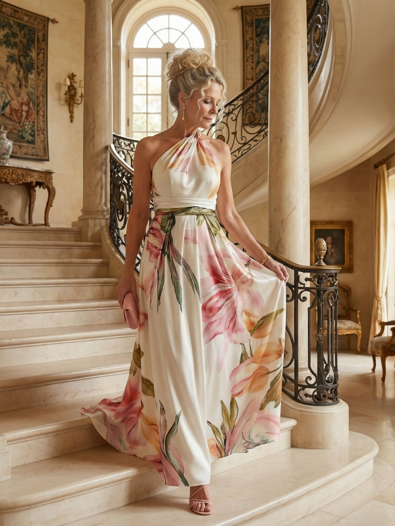 Robe longue satin rose pâle à fleurs, encolure licou nouée, jupe fluide