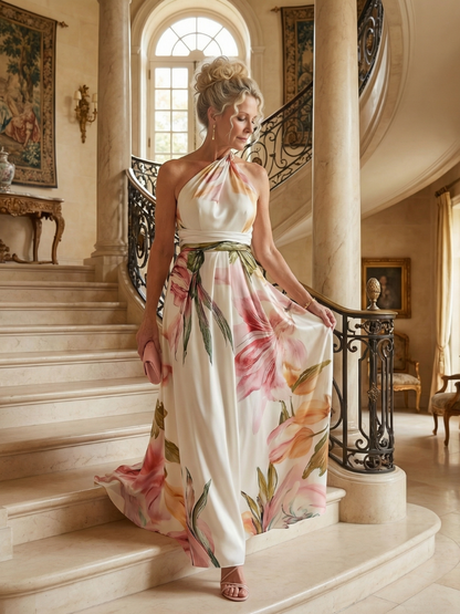 Robe longue satin rose pâle à fleurs, encolure licou nouée, jupe fluide