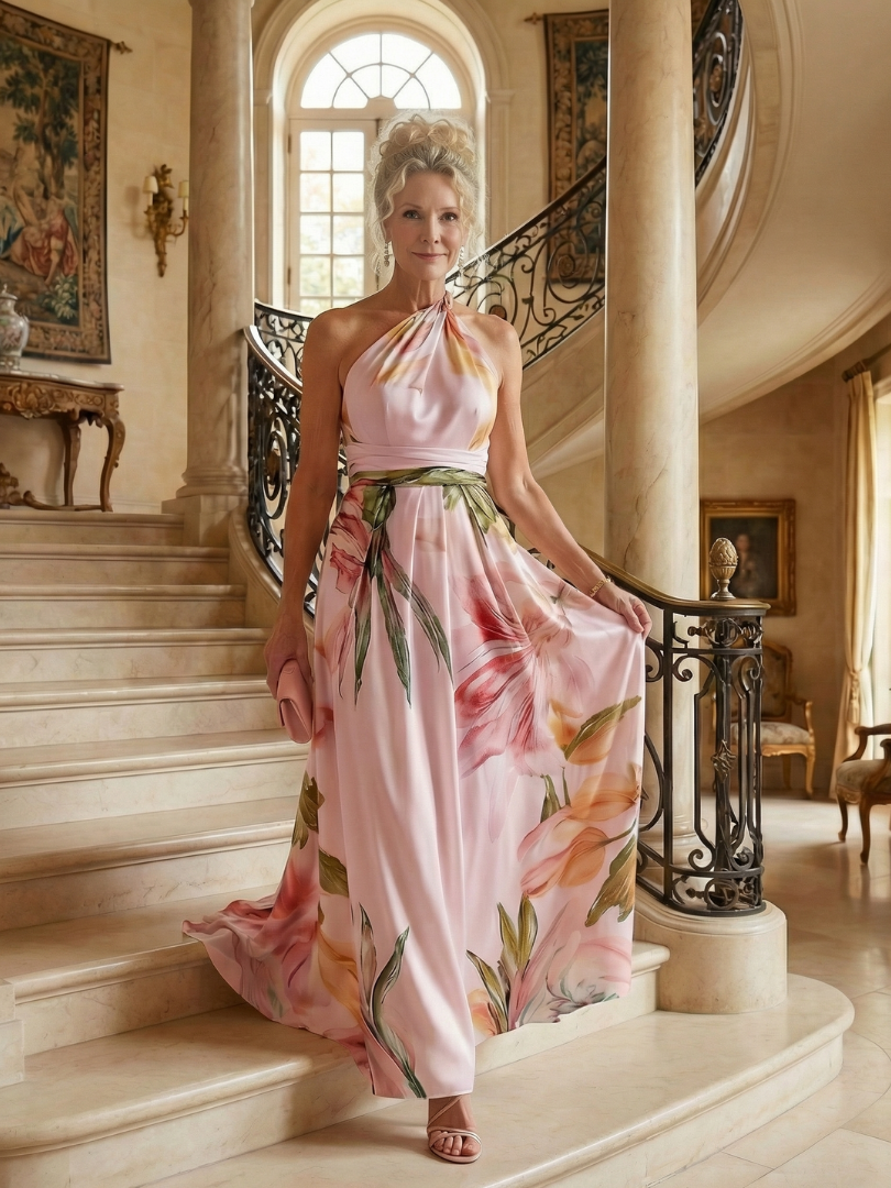 Robe longue satin rose pâle à imprimé floral, encolure licou nouée, jupe ample
