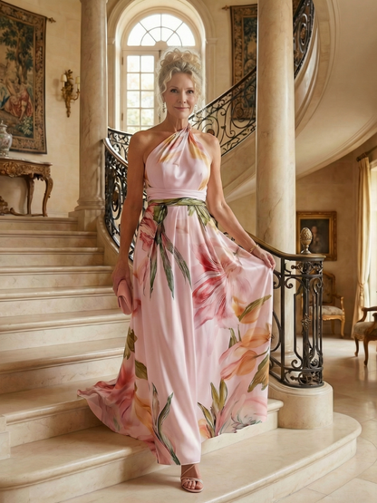 Robe longue satin rose pâle à imprimé floral, encolure licou nouée, jupe ample