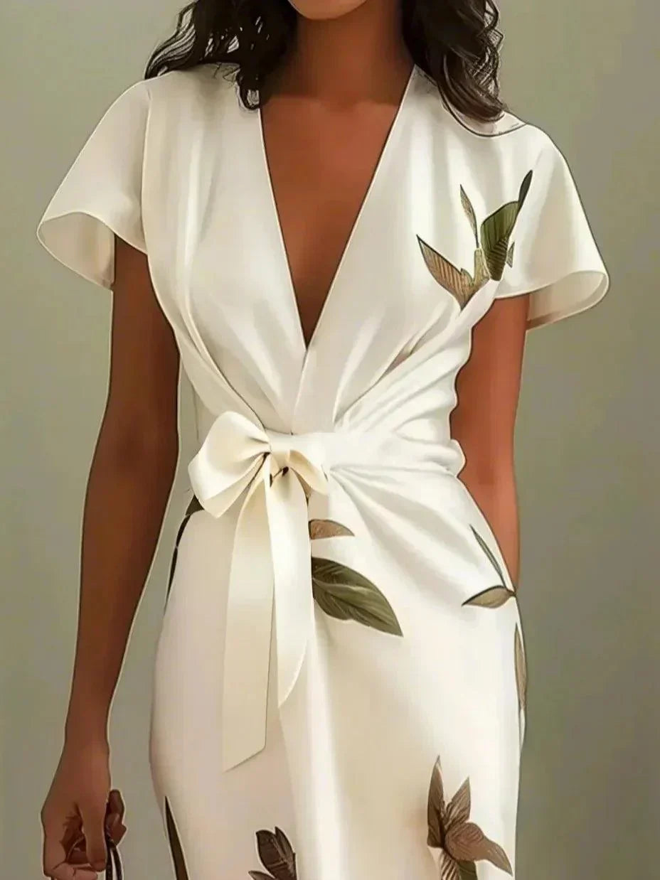 Robe portefeuille blanche à manches courtes, décolleté V, nœud à la taille, motif feuilles