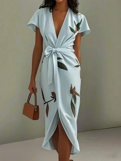 Robe portefeuille bleu clair à manches courtes, col V, nœud à la taille, motif feuilles
