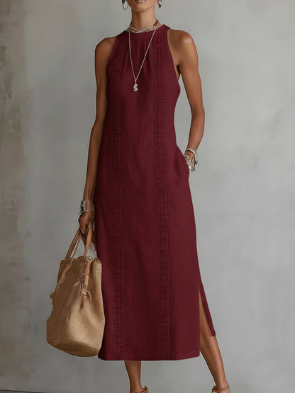 Robe midi en lin bordeaux, sans manches, col Mao, empiècement ajouré vertical.