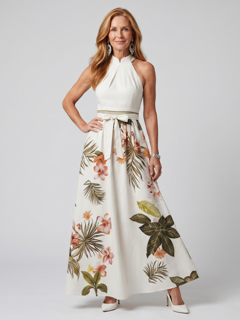 Robe longue drapée blanche à licou, imprimé floral multicolore, ceinture à la taille