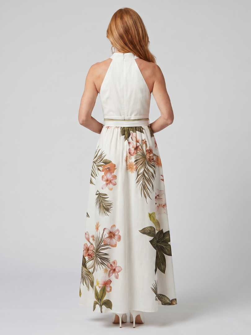 Robe longue blanche drapée, dos nageur, imprimé fleurs et feuilles