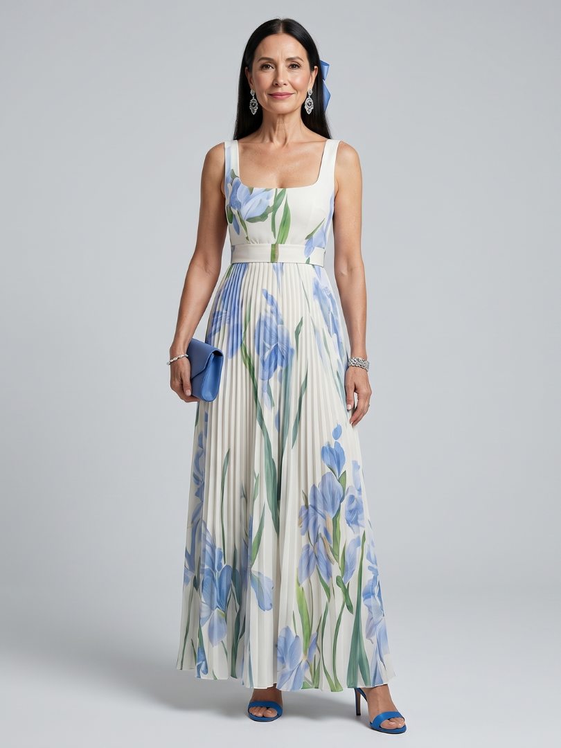 Robe midi sans manches à col carré, imprimé floral bleu et vert, ceinture froncée