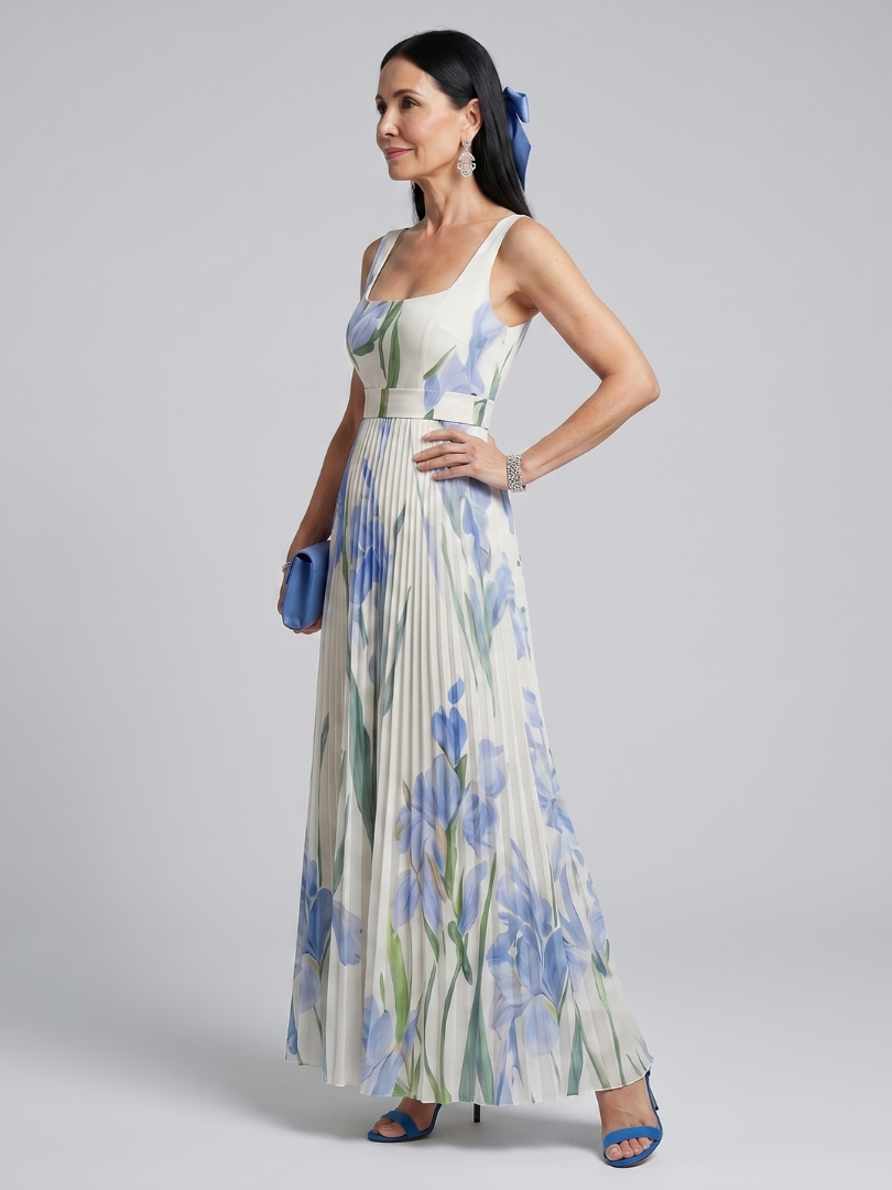 Robe midi sans manches blanche à col carré, imprimé floral bleu et vert, taille marquée