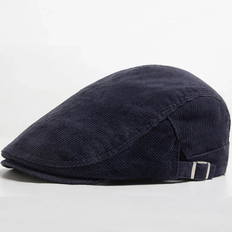 Casquette en velours côtelé pour hommes, bleu marine, rabat arrière et boucle
