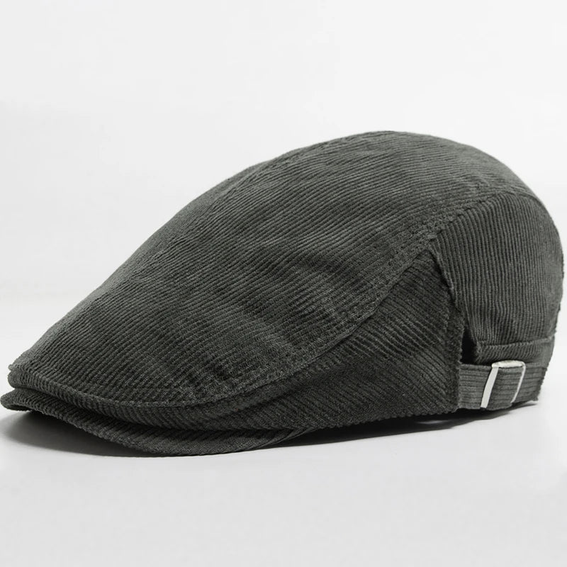 Casquette homme en velours côtelé vert kaki foncé, bandeau et boucle arrière réglable