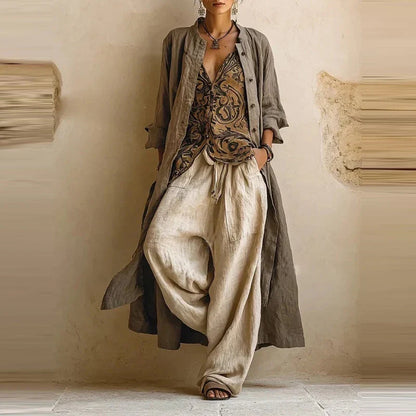 Ensemble Florence en lin : tunique crème à motifs, pantalon crème et veste gris clair
