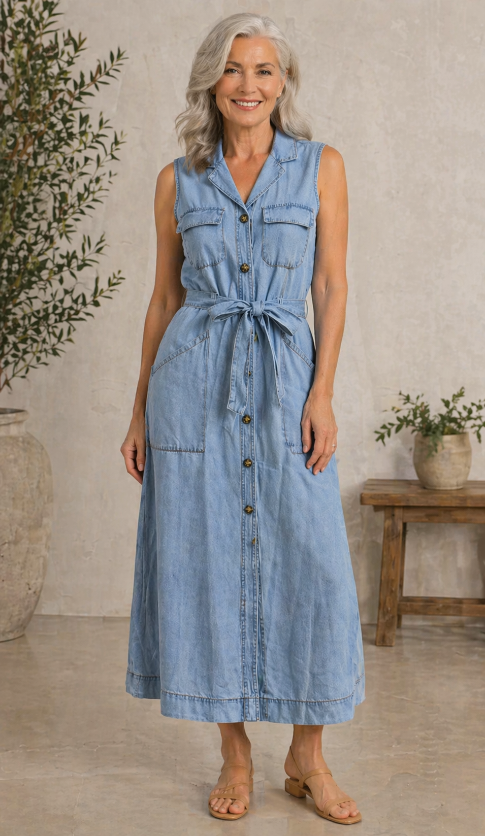 Robe en jean bleu moyen longue sans manches, col chemise, boutons, ceinture à nouer