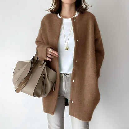Cardigan marron ample à boutons devant, manches longues, col rond