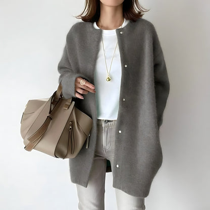 Cardigan gris ample à boutons devant, manches longues, col rond