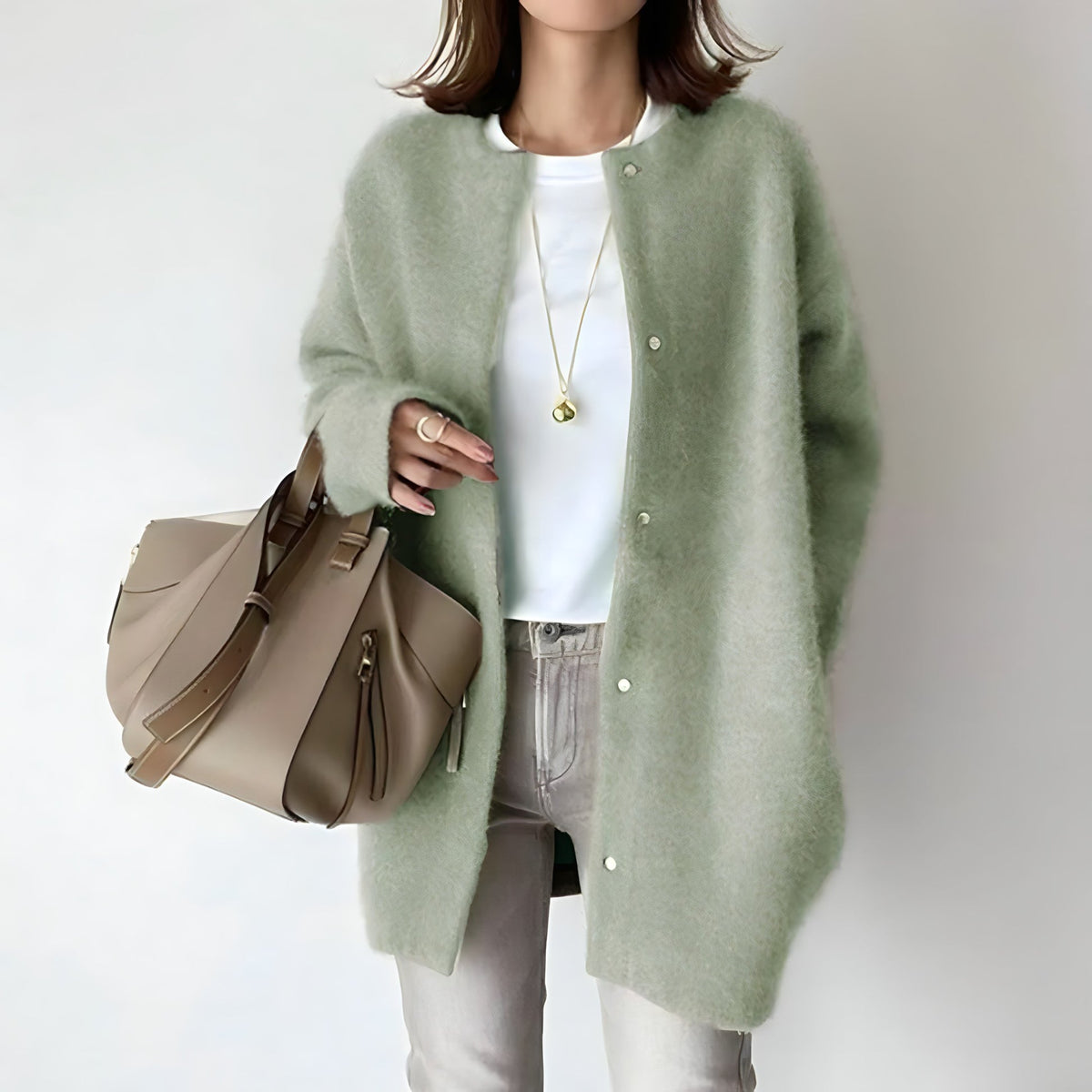 Cardigan vert sauge ample à boutons devant, manches longues, col rond