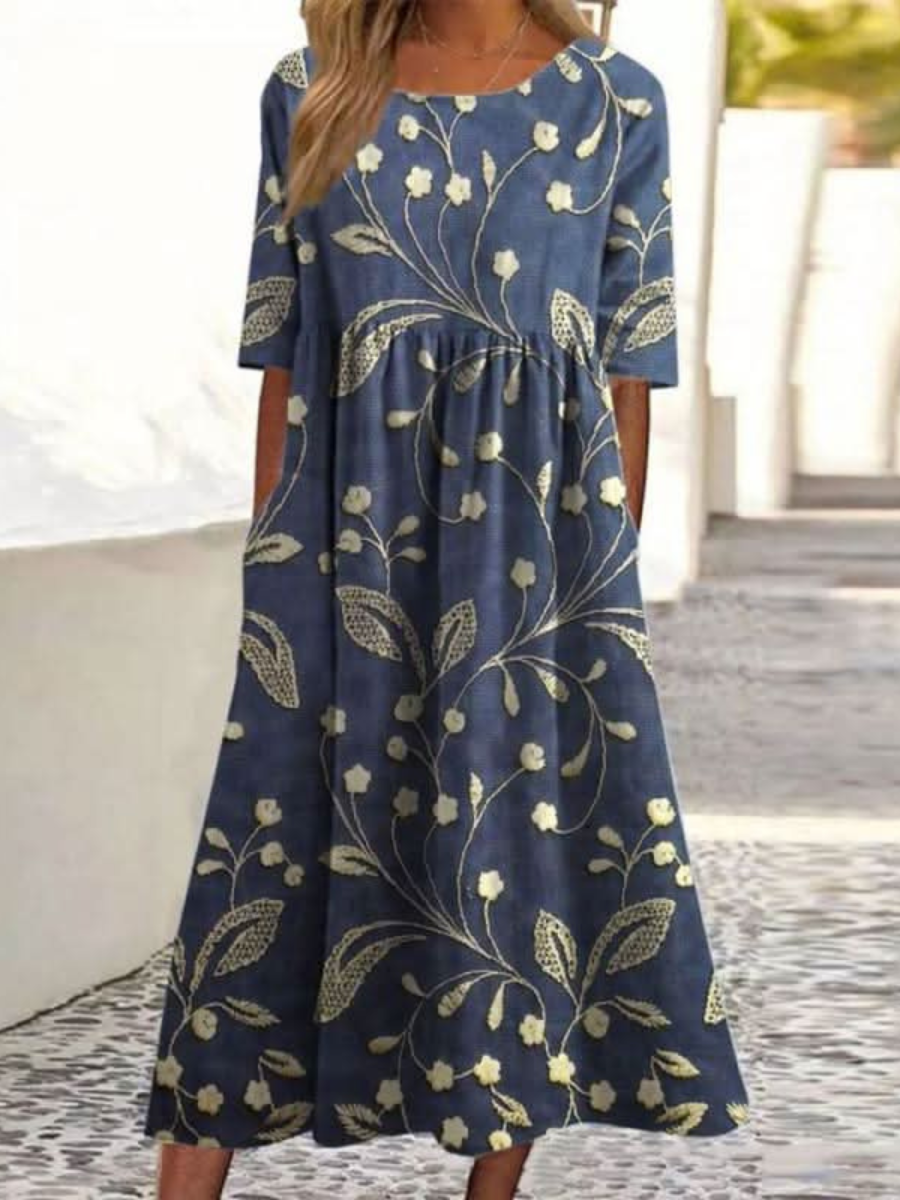 Robe midi ample bleu foncé à manches courtes, imprimé fleurs, taille froncée