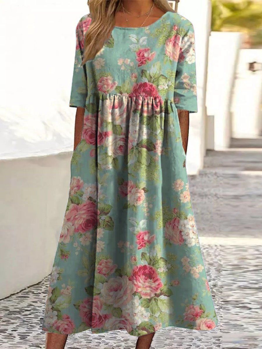 Robe midi ample vert menthe, manches courtes, imprimé fleurs roses, taille froncée