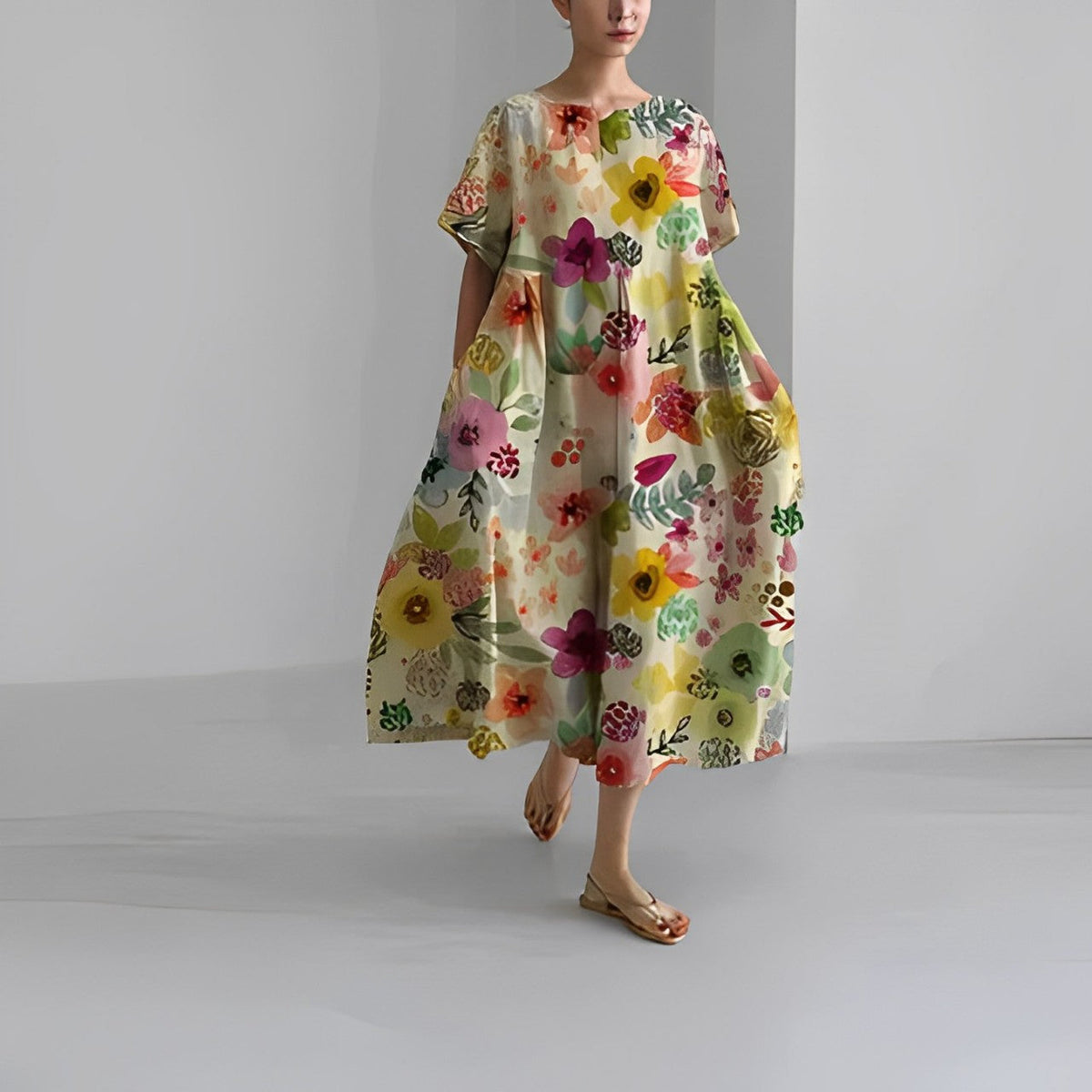 Robe bohème ample blanc cassé à fleurs colorées, manches courtes, encolure ronde