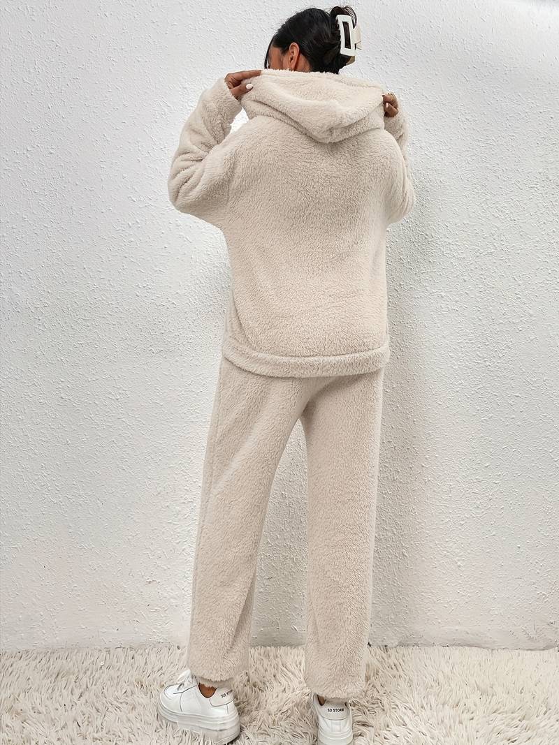 Ensemble polaire Justine beige : sweat à capuche et pantalon droit à poches