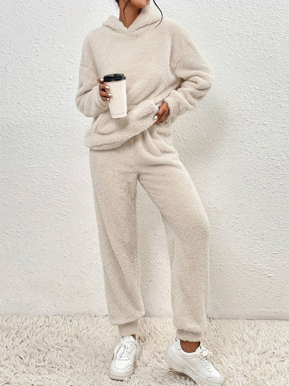 Ensemble polaire Justine beige : hoodie à capuche et pantalon ample à taille élastique