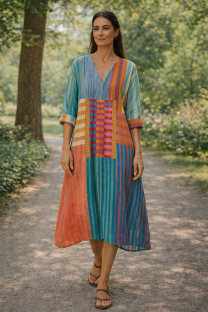 Robe Lelly mi-longue géométrique multicolore, encolure V, empiècements rayés