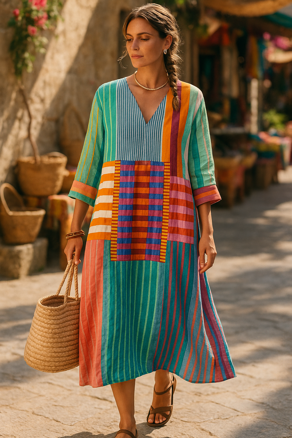 Robe Malia à encolure en V, rayures et empiècement géométrique multicolore, manches 3/4