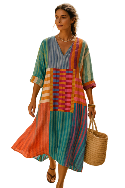 Robe Malia rayée bleu-vert et multicolore, empiècement géométrique à l’avant, mi-longue