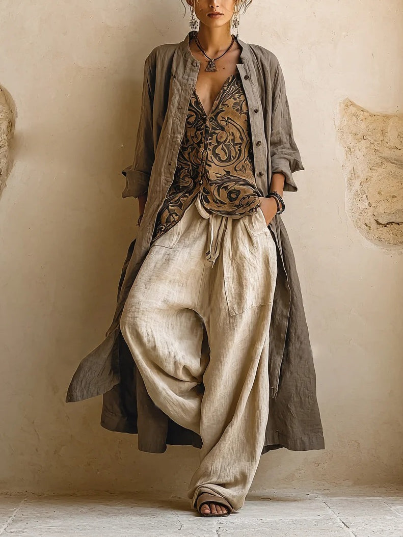 Ensemble 3 pièces Natural™ : tunique ample kaki, top imprimé et pantalon lin écru