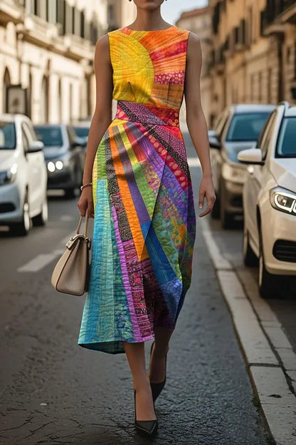 Robe midi asymétrique sans manches multicolore, imprimé abstrait et bandes colorées.