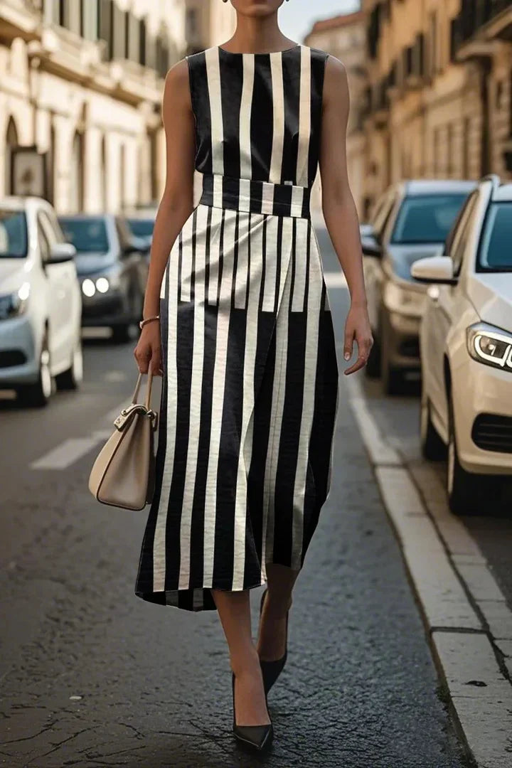 Robe midi asymétrique sans manches, rayures verticales noir et blanc, taille cintrée.