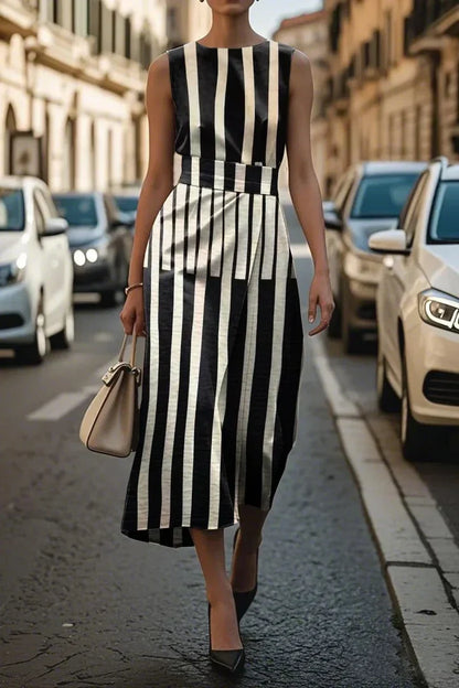Robe midi asymétrique sans manches, rayures verticales noir et blanc, taille cintrée.
