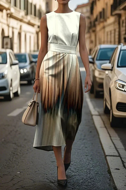 Robe midi asymétrique sans manches blanche, dégradé doré sur la jupe, coupe évasée.