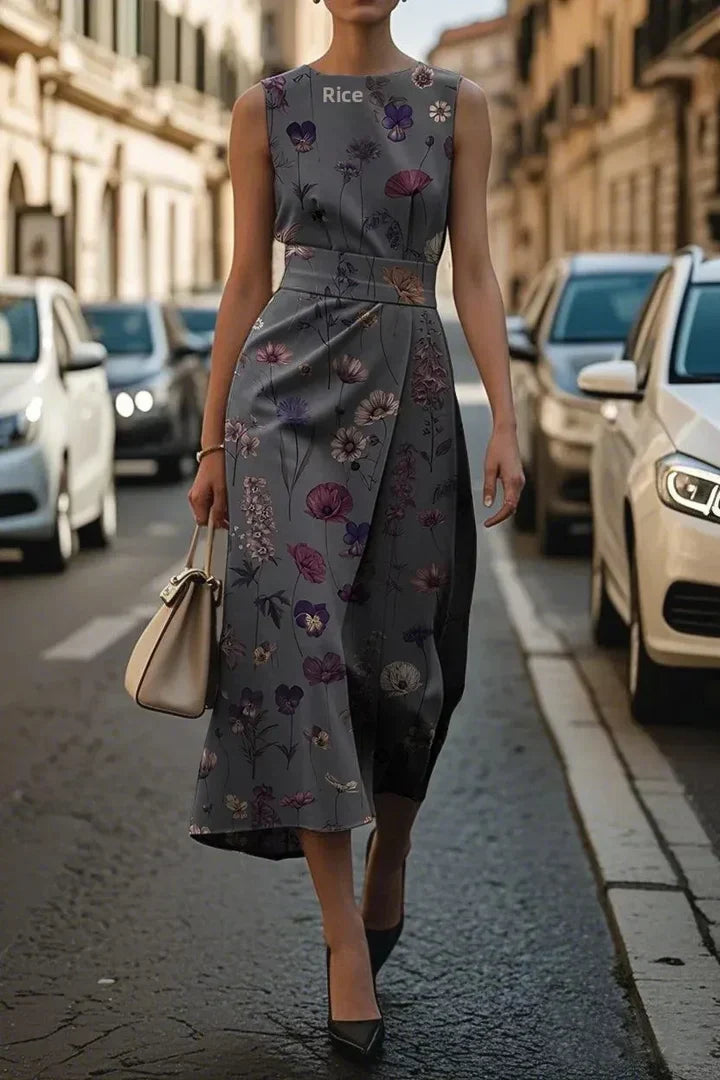 Robe midi asymétrique sans manches gris foncé, imprimé floral violet, ceinture nouée.