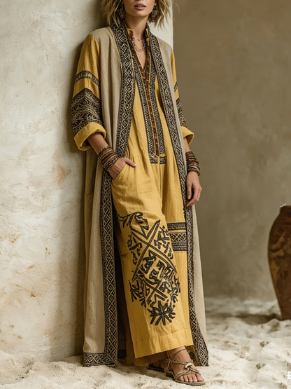 Ensemble bohème ocre : tunique longue et pantalon ample imprimés noir
