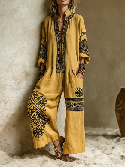 Ensemble bohème ocre : tunique ample et pantalon large à imprimé noir