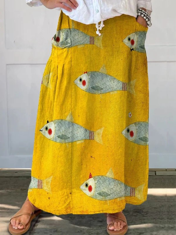 Elli™ | Jupe courte à poches avec imprimé artistique de poissons vintage