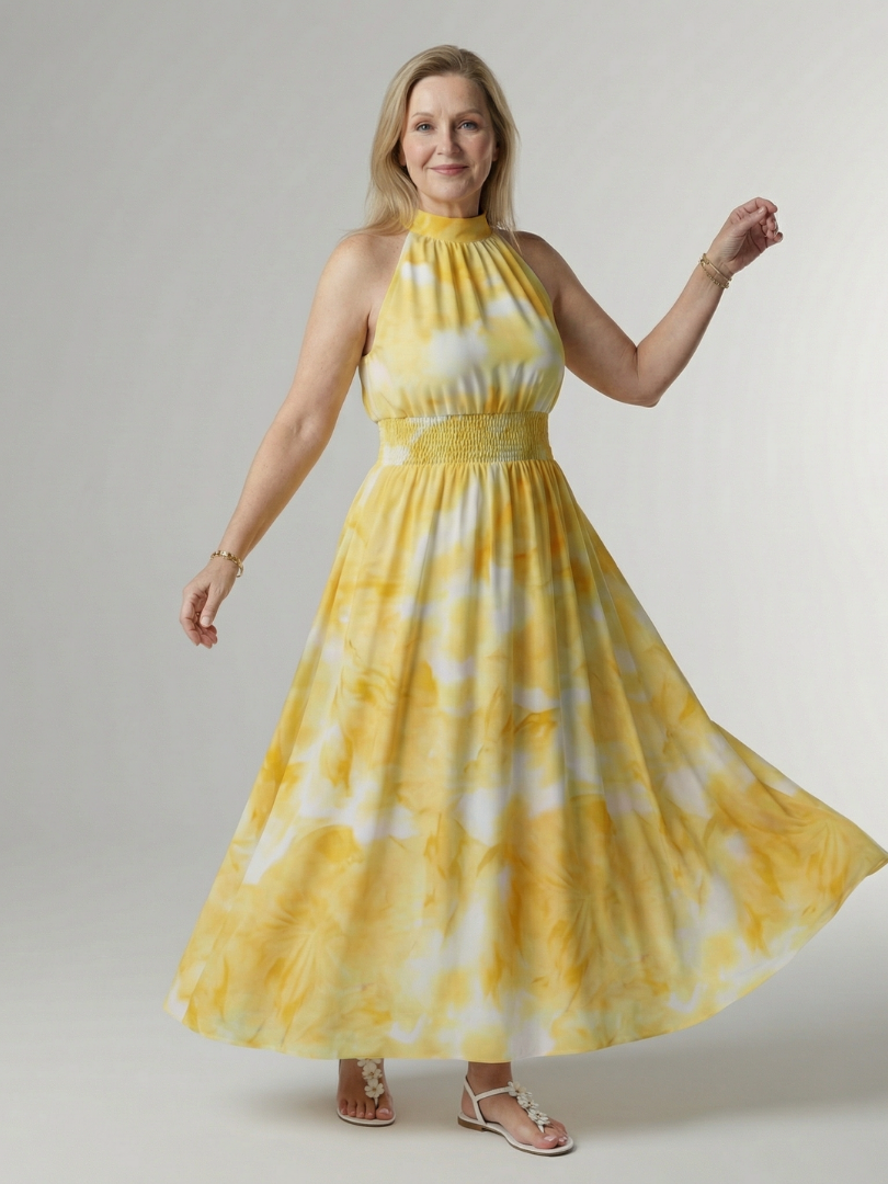 Robe midi à bretelles licou froncé, imprimé floral jaune et blanc, jupe évasée