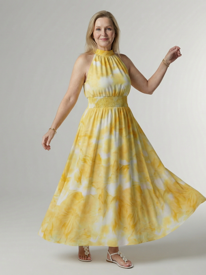 Robe midi à bretelles licou froncé, imprimé floral jaune et blanc, jupe évasée
