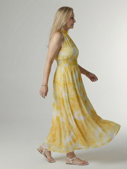 Robe midi Sylin jaune à licou froncé, jupe évasée, voile imprimé