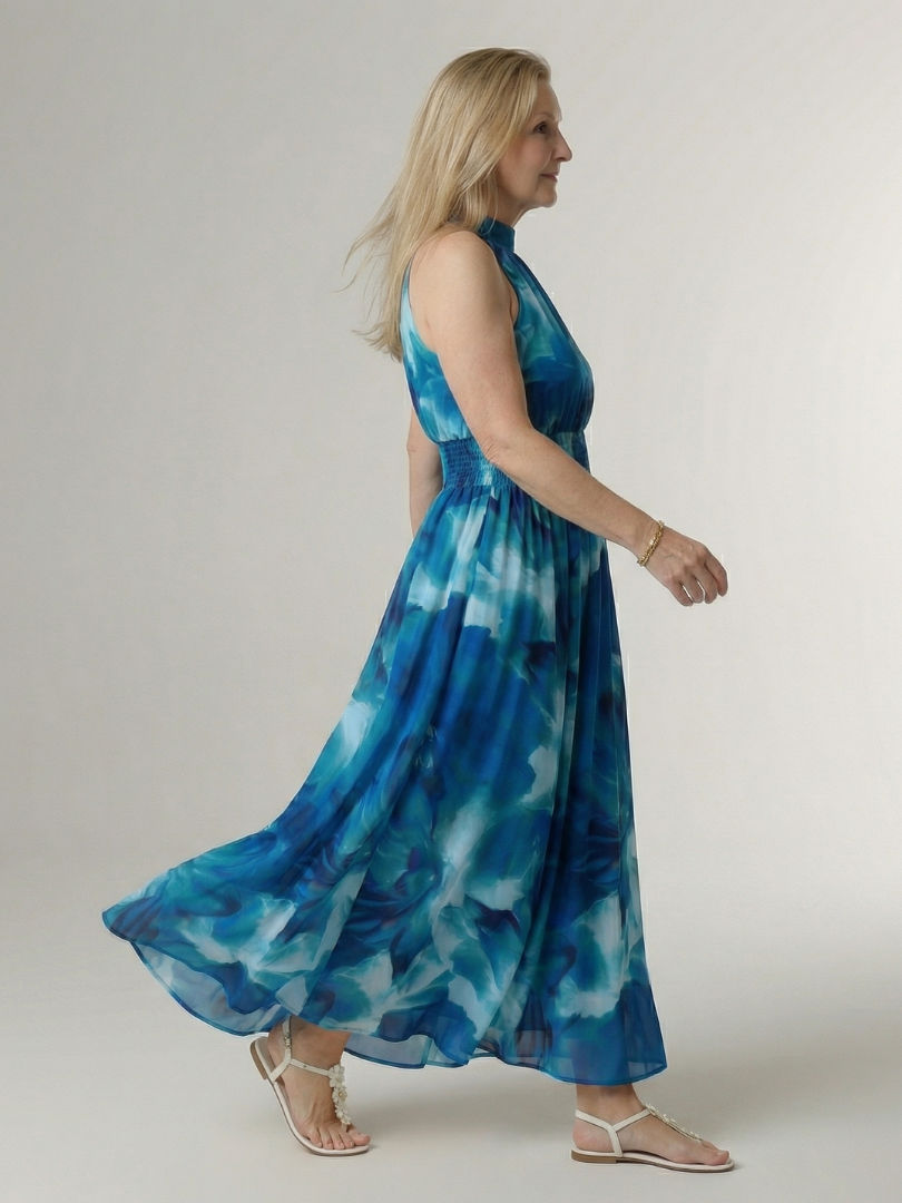Robe midi Sylin bleue à licou froncé, voile imprimé aquarelle, jupe ample