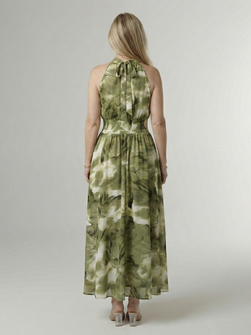 Robe midi Sylin verte au dos noué, imprimé marbré, jupe ample à taille froncée