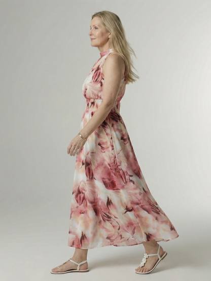 Robe midi Sylin rose à licou froncé, imprimé aquarelle, jupe évasée ample