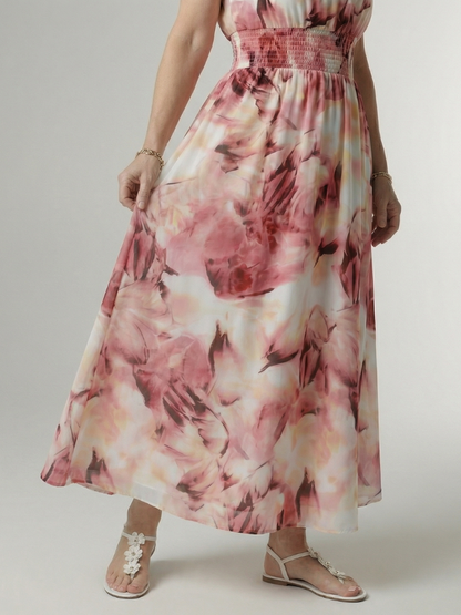 Robe midi Sylin rose à licou froncé, imprimé aquarelle, taille froncée, jupe fluide