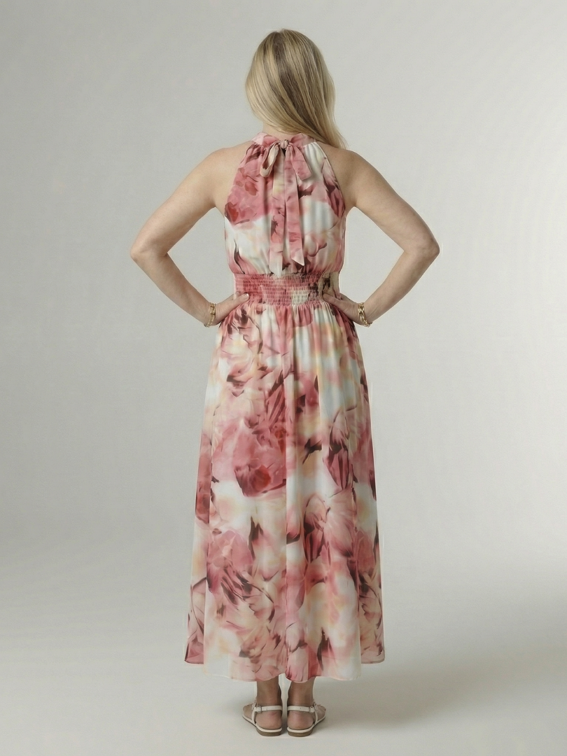 Robe midi dos nu à bretelles licou froncé, imprimé floral rose et blanc