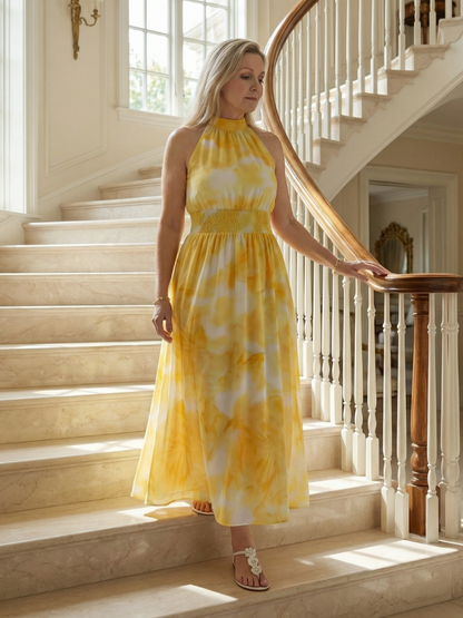 Robe midi à bretelles licou froncé, imprimé floral jaune et blanc